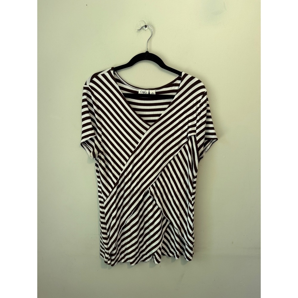 Cato Women XL Brown White Striped Crossover Draped Front V-Neck Short Sleeve Top